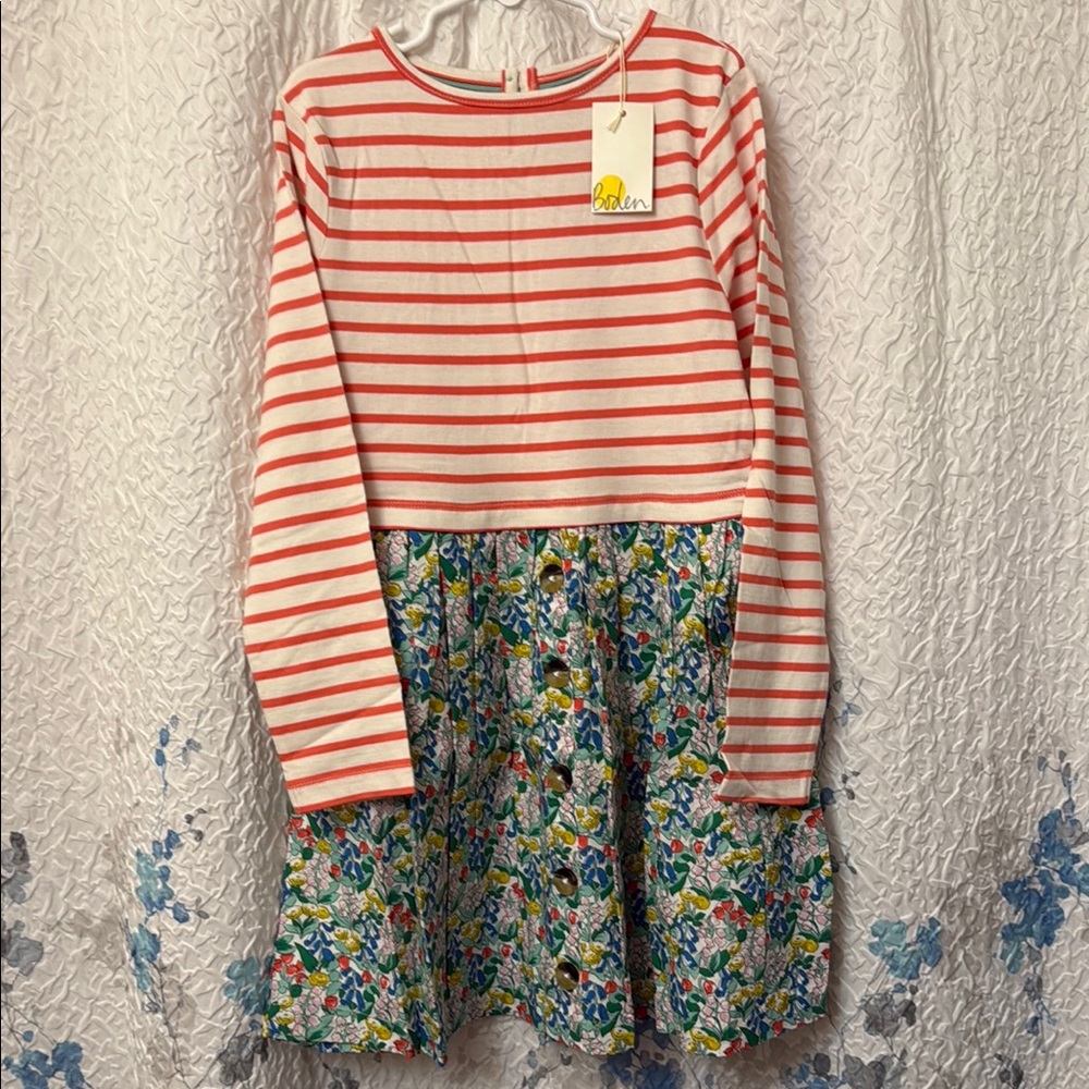 Mini Boden Red Striped Floral hotchpotch Dress 8-9y